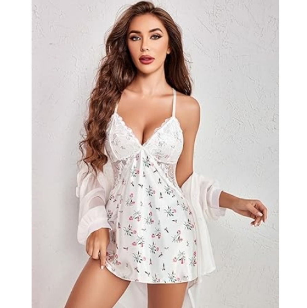 Avidlov Lingerie VNeck Nightwear Satin Lace Chemise Mini Teddy White Nighty - Picture 6 of 9